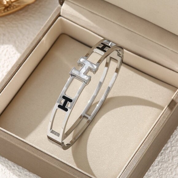 Titanium Steel Luxury Fashion Bangle, H , Pearl White and Black - Picture 1 of 10